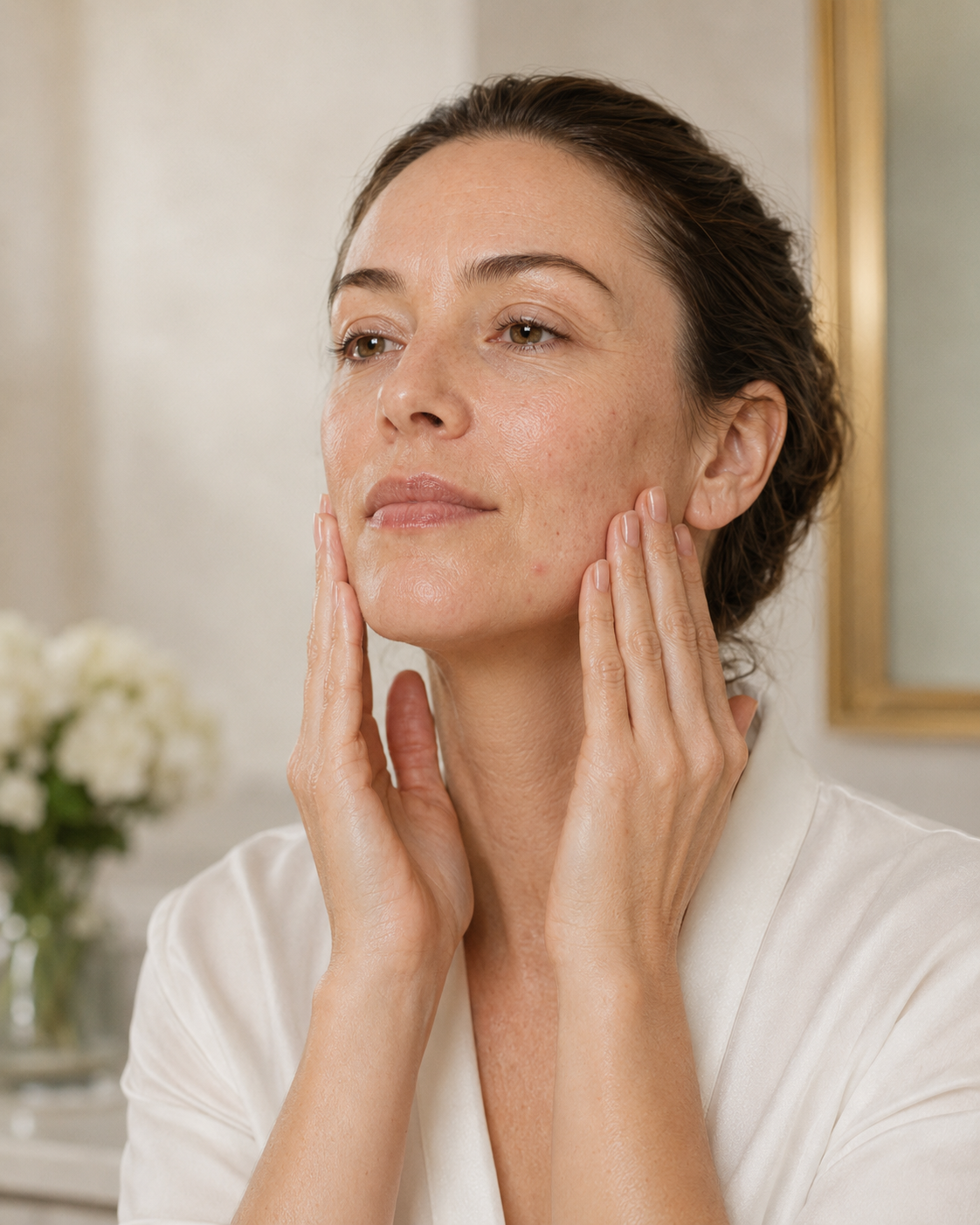 Woman applying Serum Vivant to blemish-prone skin