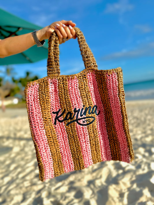 Product Card Image with detail: Pink Striped Bag