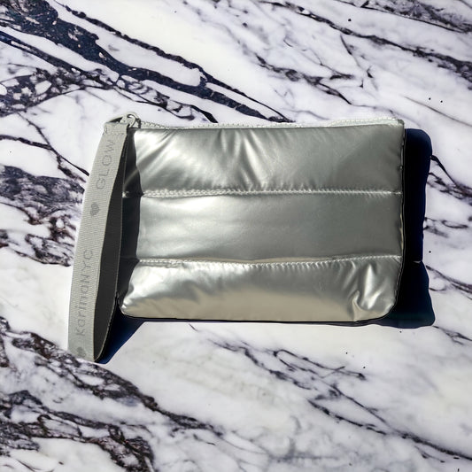 Product Card Image with detail: Quilted silver makeup clutch