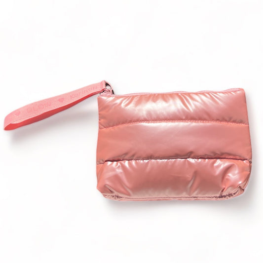 Product Card Image with detail: Pink quilted puffer skincare/makeup clutch