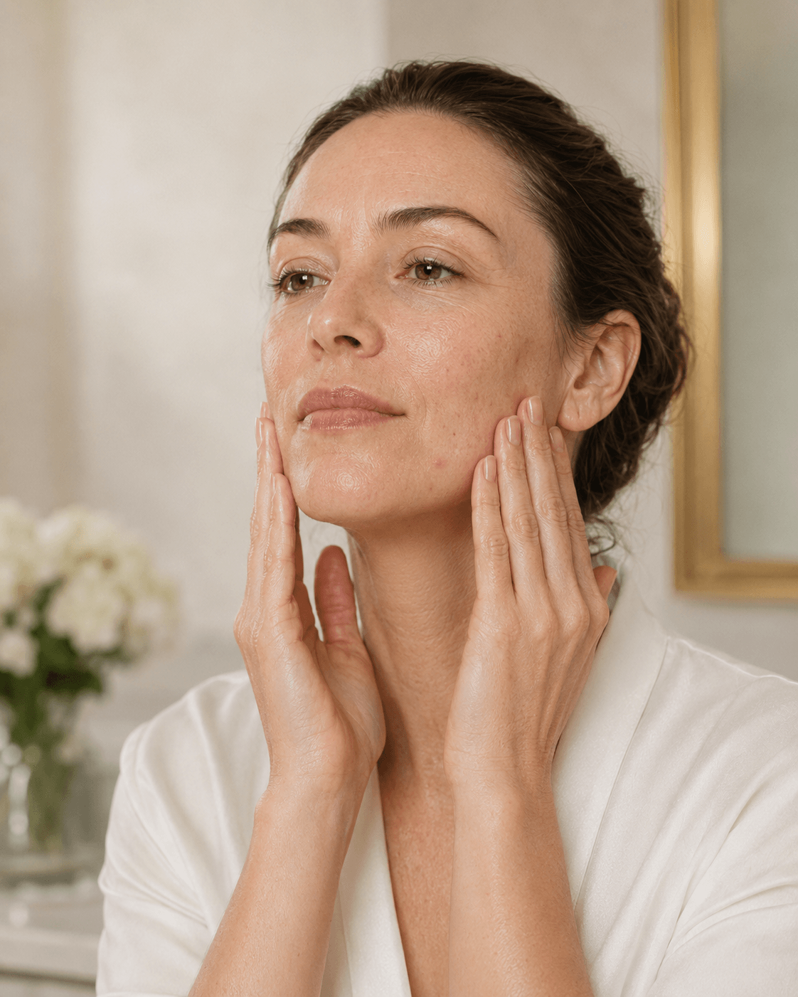 Woman applying Serum Vivant to blemish-prone skin