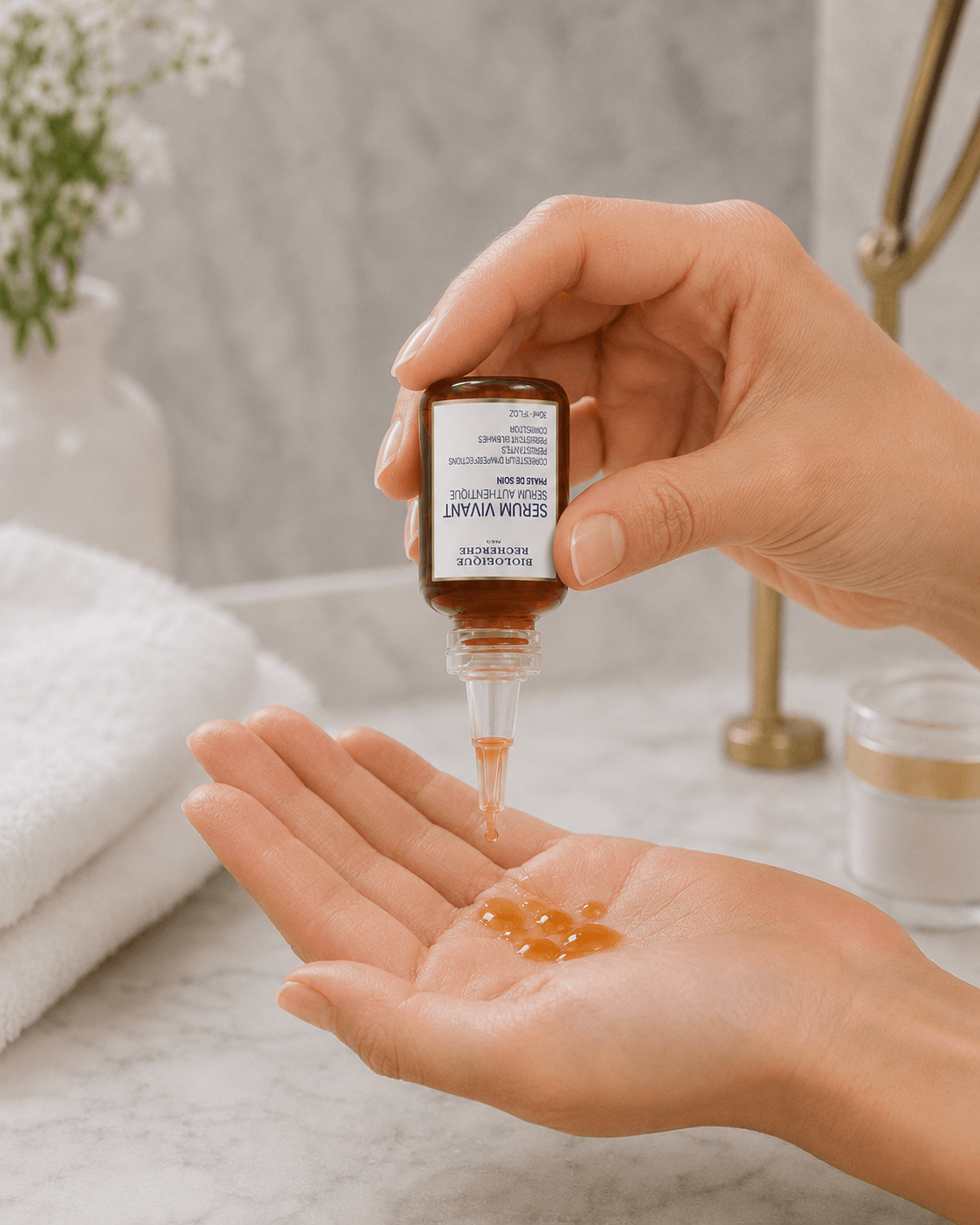 Dispensing a few drops of Serum Vivant into the hand
