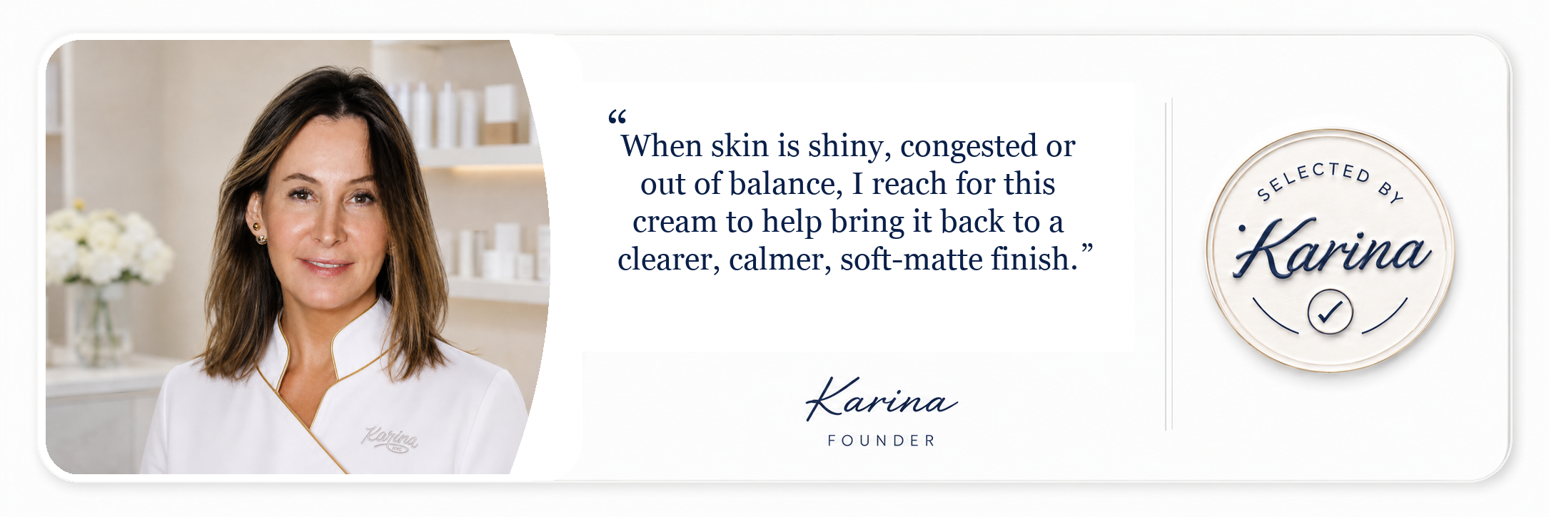 Karina founder quote with Selected by Karina badge