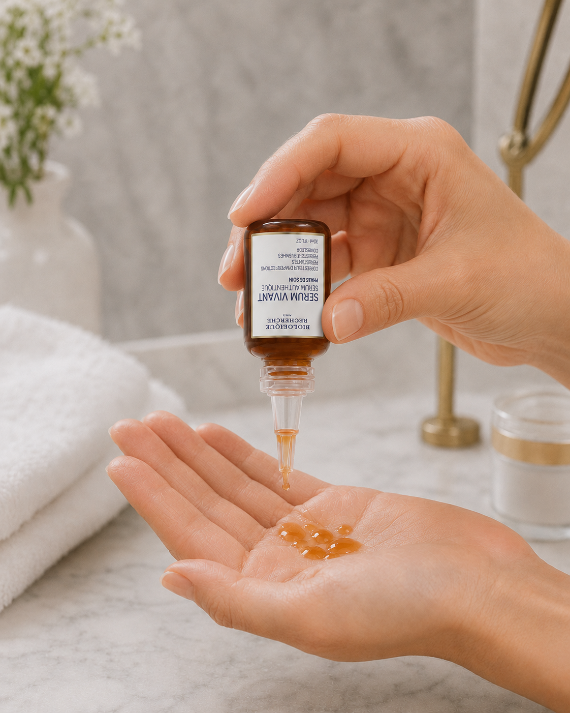 Dispensing a few drops of Serum Vivant into the hand
