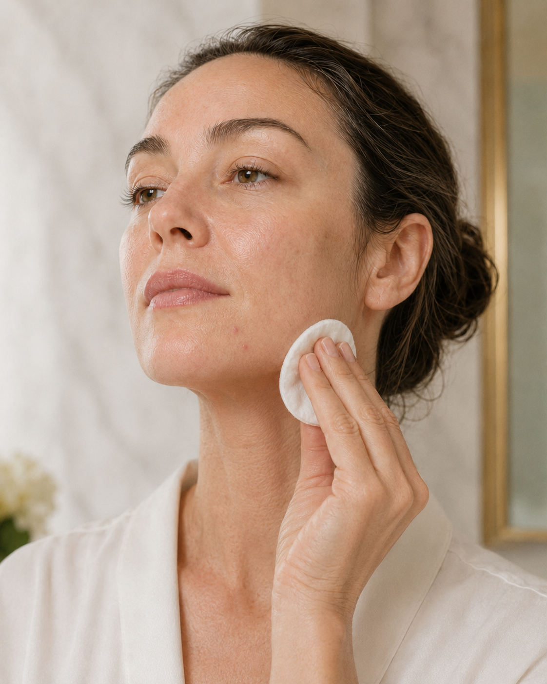 Woman exfoliating with a cotton pad